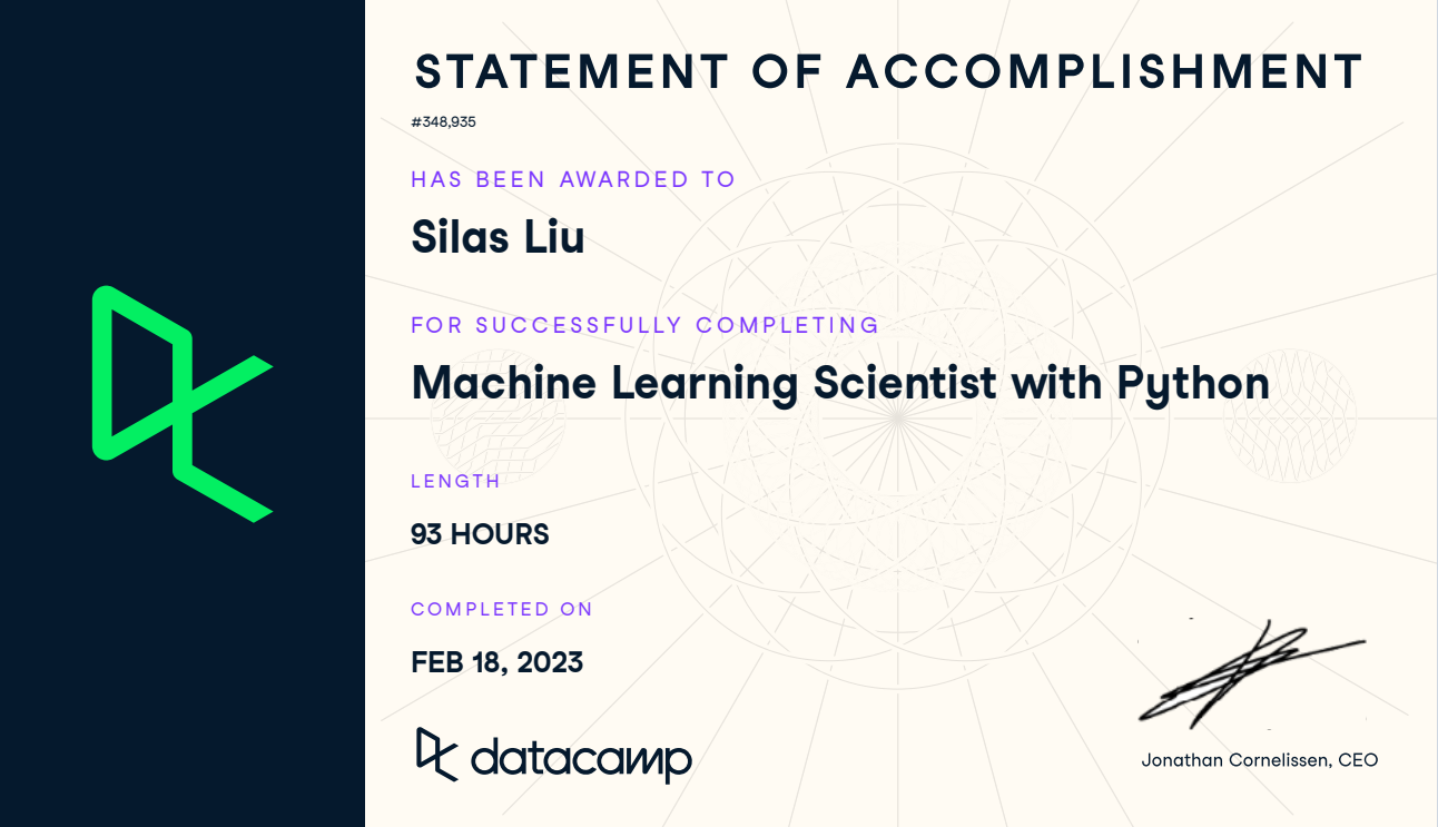 Datacamp — Machine Learning Scientist with Python Track (93 H) certificate